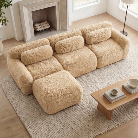 FFH 114.7" L Shaped Couch Plush Boneless Sofa with Movable Ottoman, Light Khaki