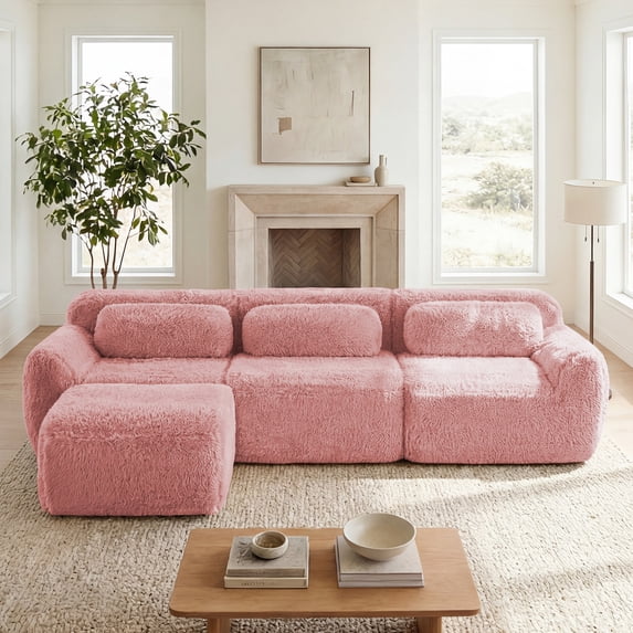FFH 114.7" L Shaped Couch Plush Boneless Sofa with Movable Ottoman, Pink