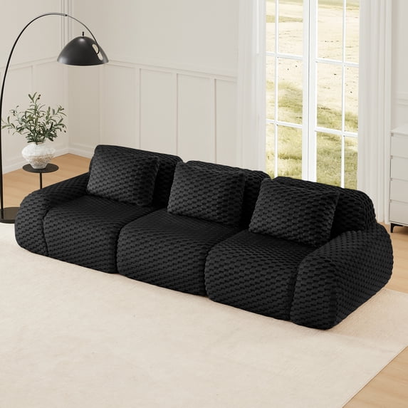 FFH 114" Modular Sectional Sofa for Living Room, Flannelette Fabric, Deep Seat, Buckle Connection, Anti-slip Design, No Assembly (Black, 3 Seater)