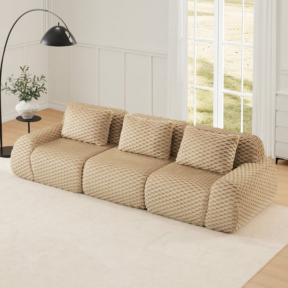 FFH 114" Modular Sectional Sofa for Living Room, Flannelette Fabric, Deep Seat, Buckle Connection, Anti-slip Design, No Assembly (Camel, 3 Seater)
