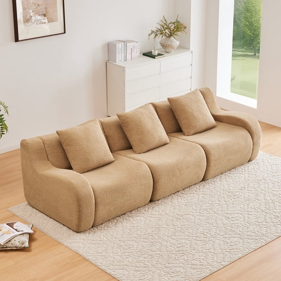 FFH 115.3" Cloud Couch for Living Room, Curved Armrest Sectional Sofa, Teddy Boneless Modern Couch with Deep Seat (Camel, 3 Seater)