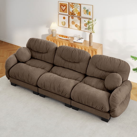 FFH 116" Sectional Sofa, 3 Seater Modular Cloud Couch with 2 Round Pillows, Chenille Brown