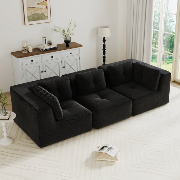FFH 117" Modular Sectional Sofa, Oversized 3-Seater Corduroy Cloud Corner Couch for Living Room, Black