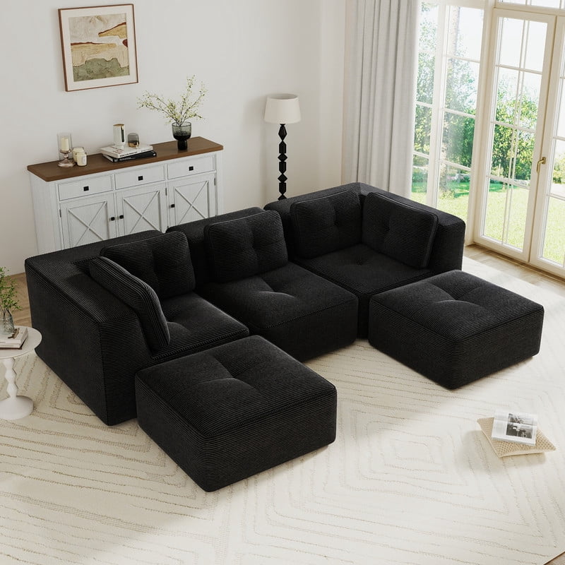 FFH 117" Oversized Modular Sectional Sofa with Movable Ottoman, U-Shaped Corduroy Cloud Couch Living Room Furniture Set, Black