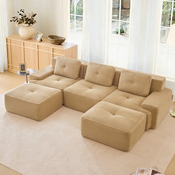 FFH 115" Oversized Sectional Sofa, U Shaped Cloud Couch for Living Room (Camel, 3 Seater with 2 Ottoman)