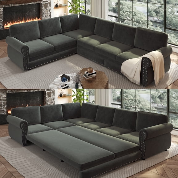 FFH 118" L-Shaped Convertible Sofa Bed, Pull Out Sectional Sleeper Couch for Living Room, Chenille Dark Gray