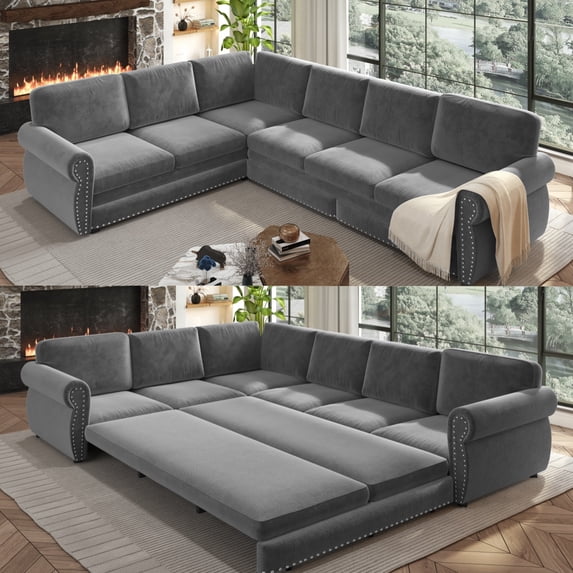 FFH 118" L-Shaped Convertible Sofa Bed, Pull Out Sectional Sleeper Couch for Living Room, Chenille Light Gray