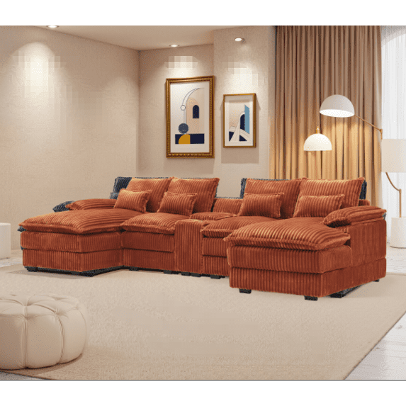 FFH 125" Modular Sectional Sofa with Double Chaise Oversized U Shaped Cloud Couch for Living Room, 4-Seat, Storage Console, USB Ports, Corduroy Orange