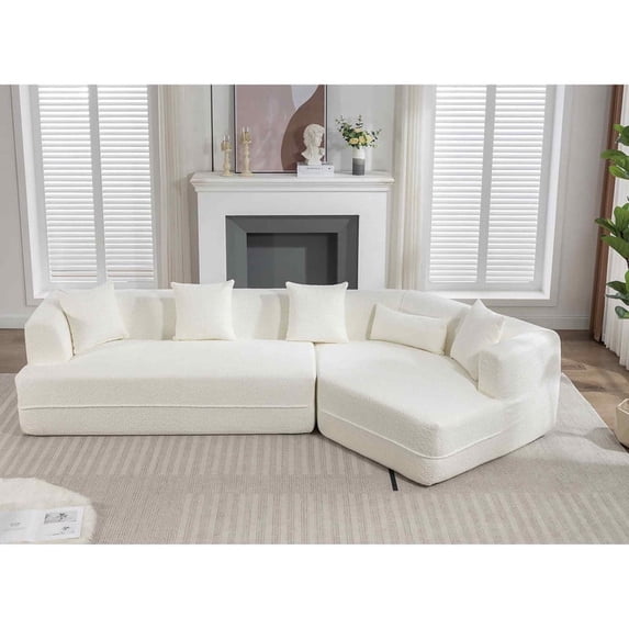 FFH 128" Modular Cloud Sofa, Oversized Sectional Couches for Living Room, Modern 3 Seater Boucle Sofa with Throw Pillows and Lumbar Pillow, White