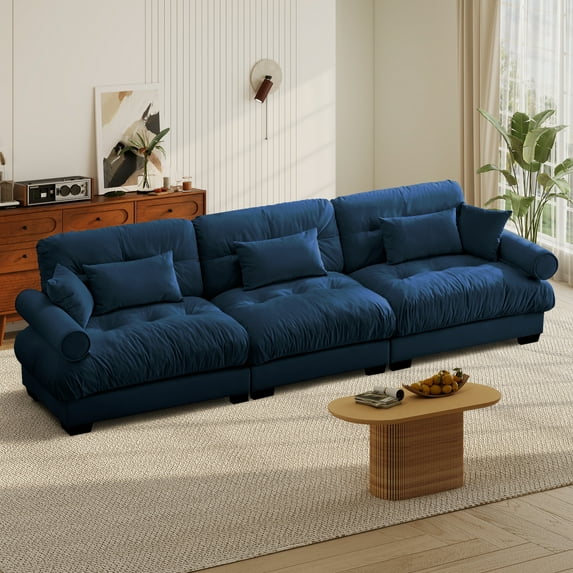 FFH 130" Modular Sectional Sofa, Oversized Modern 3 Seater Sofa Set, Tufted Cloud Couches for Living Room (Velvet Dark Blue, 3 Seater)