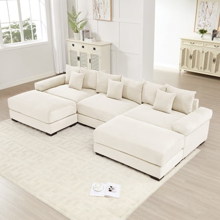 FFH 130" Oversized Sectional Sofa, Modern U-Shaped Modular Sectional Couches for Living Room, 3-Seater Cloud Sofa with Deep Seat and Movable Ottoman, Corduroy Upholstery Beige