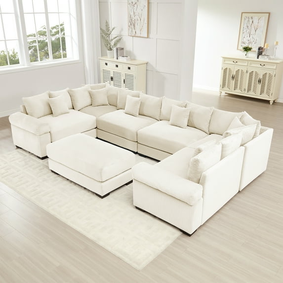 FFH 137.7" Oversized Modular Sectional Sofa, Convertible Living Room Furniture Sets Sectional with Ottoman, U Shaped Cloud Couch, Beige