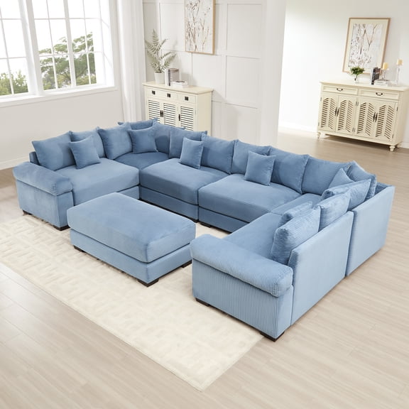 FFH 137.7" Oversized Modular Sectional Sofa, Convertible Living Room Furniture Sets Sectional with Ottoman, U Shaped Cloud Couch, Blue