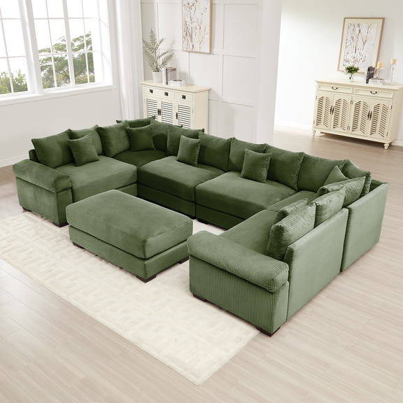 FFH 137.7" Oversized Modular Sectional Sofa, Convertible Living Room Furniture Sets Sectional with Ottoman, U Shaped Cloud Couch, Green