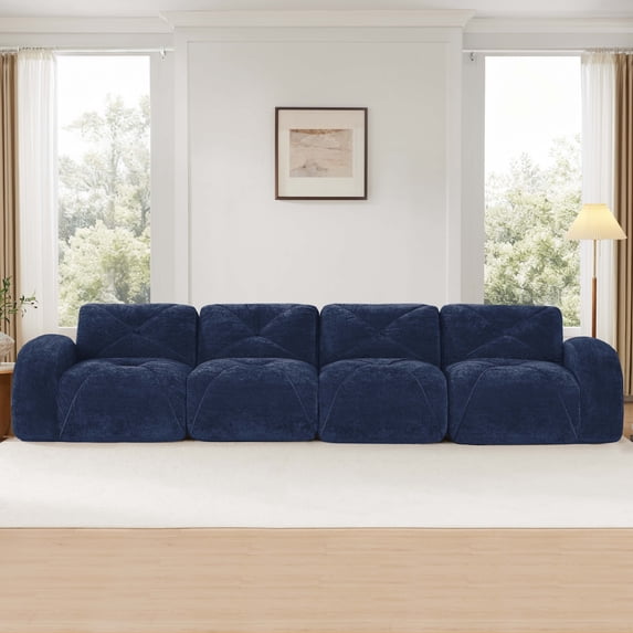 FFH 140" Modular Sectional Sofa for 4 People, Modern Velvet Deep Seat Cloud Couch, Blue
