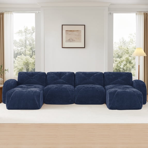FFH 140" U-Shaped Sectional Sofa, Cloud-Like Modular Couch with Ottoman, Velvet Fabric Sofa for Large Space, Blue