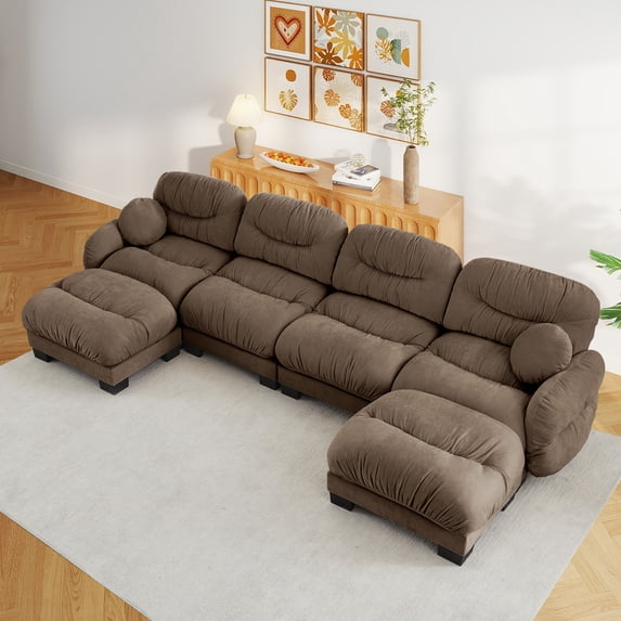 FFH 150" U-Shaped Sectional Sofa, Modular Cloud Couch for Big Living Room, Contemporary Furniture Set, Brown