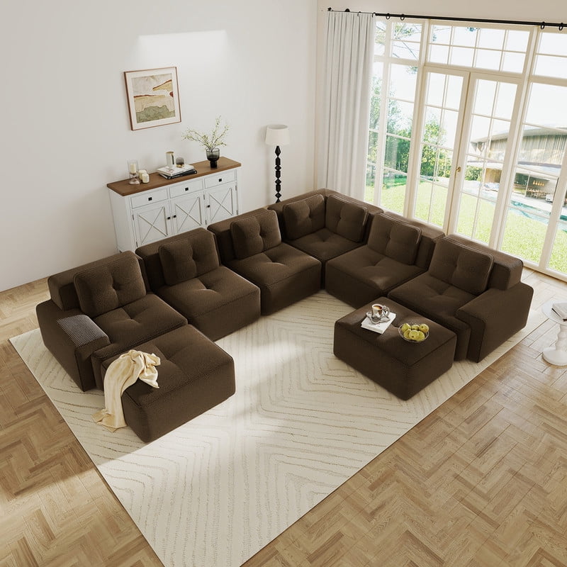 FFH 151" L Shaped Cloud Couch with Ottoman, 6 Seater Boneless Sectional Sofa Set for Living Room, Brown