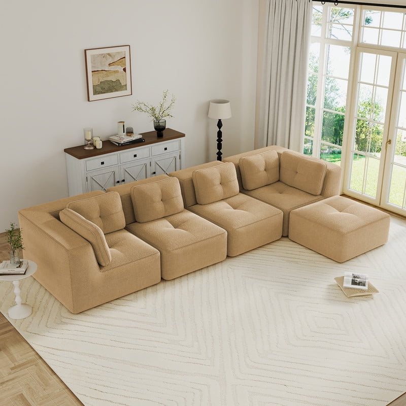 FFH 152" L-Shaped Sectionals for Living Room, 4 Seater Cloud Sofa with Ottoman, No Assembly, Camel