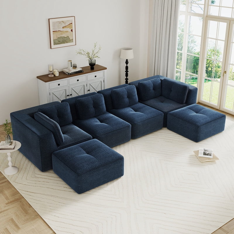 FFH 152" U-Shaped Sectionals for Living Room, 4 Seater Cloud Sofa with Ottoman, No Assembly, Blue