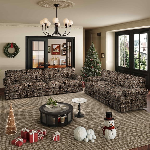 FFH 2-Piece Sofa Sets for Living Room, 7 Seater Chenille Cloud Couch, Rolled Arms, Pleated Skirt Design, Black Floral