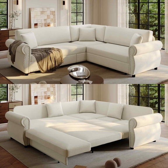 FFH 88.2" Sectional Sofa with Pull Out Bed, Convertible Sleeper Sofa, 5 Seater Chenille Couch for Living Room, Beige