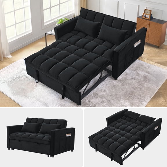 FFH 3 in 1 Convertible Pull Out Sofa Bed with Storage, Loveseat Sleeper Sofa for living room with 3-Level Adjustable Backrest, Velvet Black