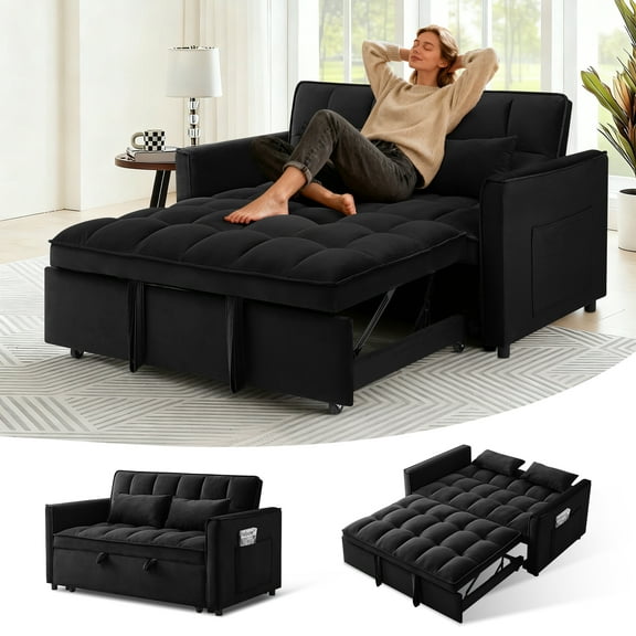 FFH 3 in 1 Convertible Pull Out Sofa Bed with Storage, Loveseat Sleeper Sofa for living room with 3-Level Adjustable Backrest, Velvet Black