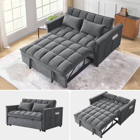FFH 3 in 1 Convertible Pull Out Sofa Bed with Storage, Loveseat Sleeper Sofa for living room with 3-Level Adjustable Backrest, Velvet Gray