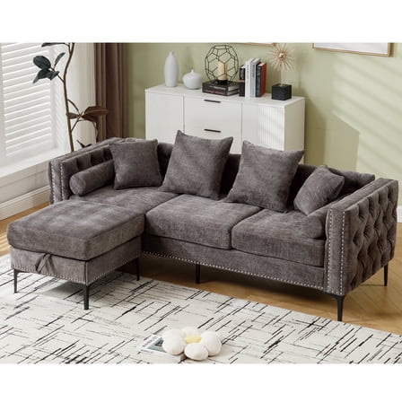 FFH 85" Sectional Sofa with Ottoman and Storage Function,Reversible L-Shaped Design, Chenille Couch with Nailhead Trim and Tufted Armrest, Gray