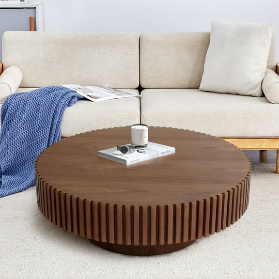 FFH 31.5" Round Coffee Table for Living Room,Rustic Modern Coffee Table with Sturdy Pedestal,Nature Wood Handcraft Corner Coffee Table,Circle Side Table Centre Table for Apartment,Walnut