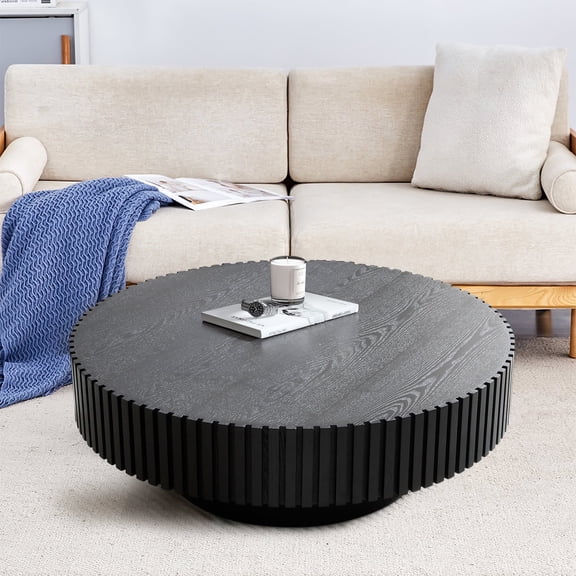 FFH 31.5" Round Coffee Table for Living Room,Rustic Modern Coffee Table with Sturdy Pedestal,Nature Wood Handcraft Corner Coffee Table,Circle Side Table Centre Table for Apartment,Dark Black