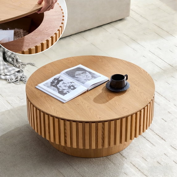 FFH 31.5" Round Coffee Table with Storage, Small Wood Coffee Table with Sturdy Pedestal for Living Room, Apartment, Ash