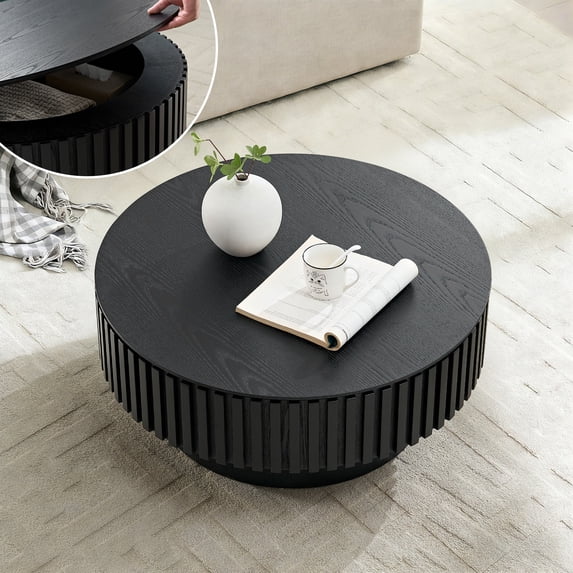 FFH 31.5" Round Coffee Table with Storage, Small Wood Coffee Table with Sturdy Pedestal for Living Room, Apartment, Black