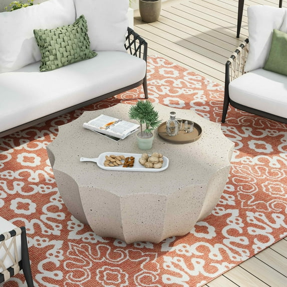 FFH 35.43" Coffee Table for Indoor & Outdoor, Modern Cement Table for Living Room, Patio, Backyards, White