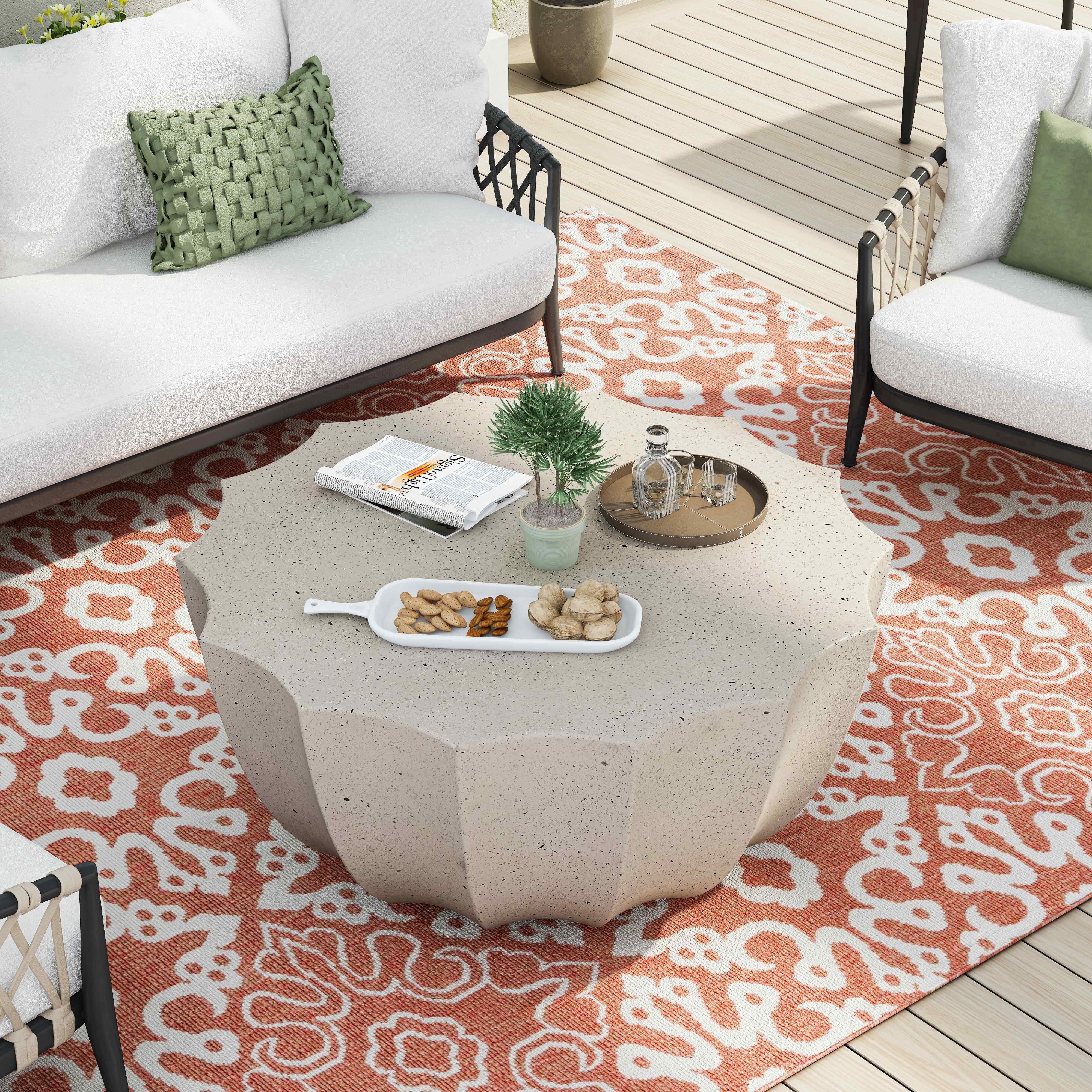 FFH 35.43" Coffee Table for Indoor & Outdoor, Modern Cement Table for Living Room, Patio, Backyards, White