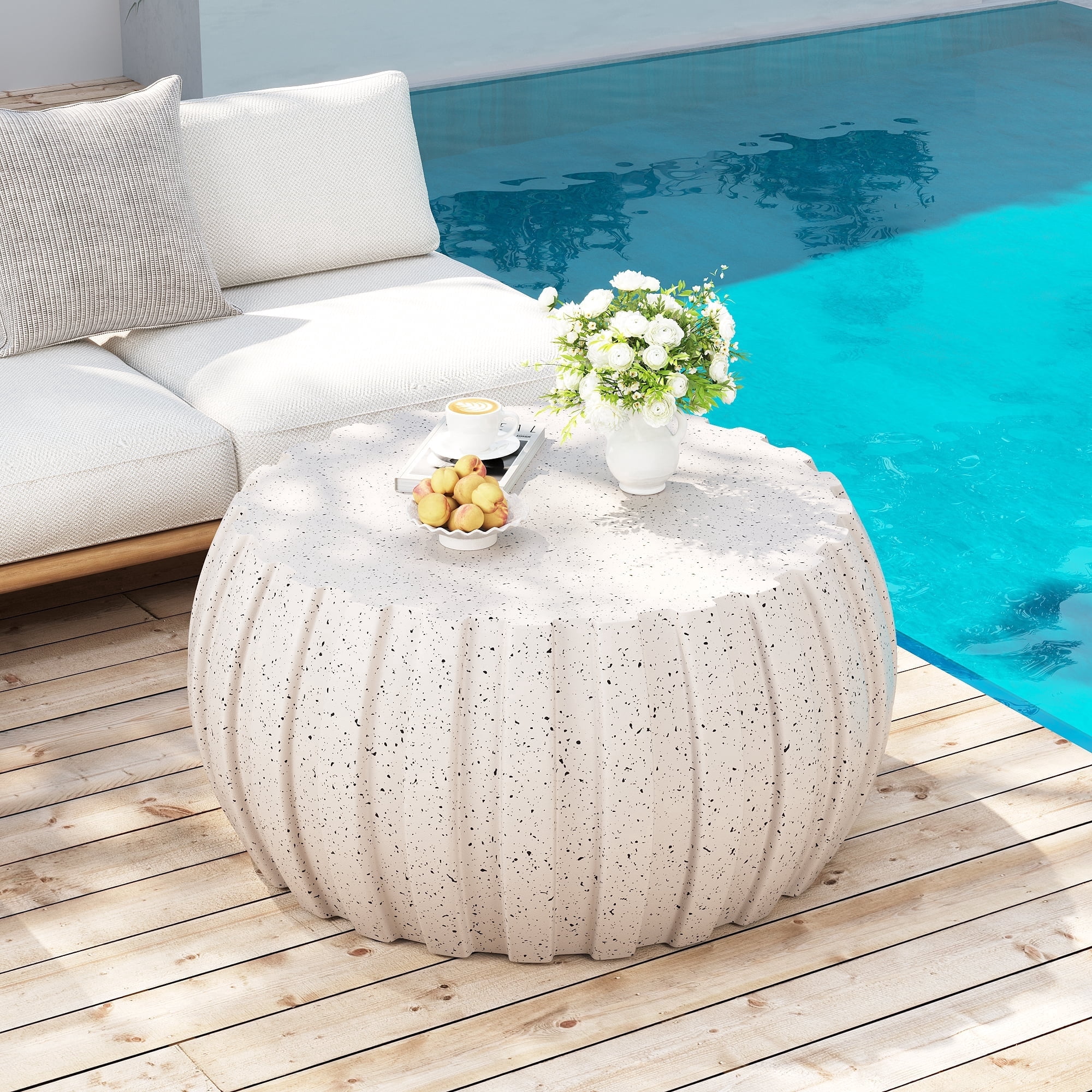 FFH 35.43" Coffee Table for Living Room, Modern Patio Coffee Table, Waterproof, Durable MgO Cement Design, White