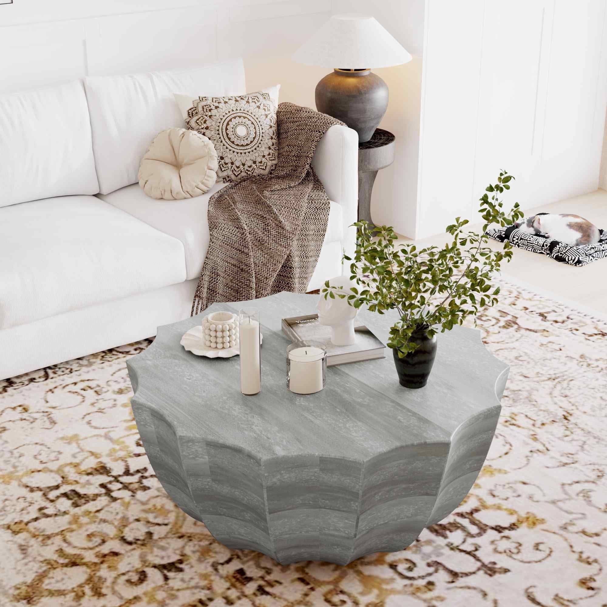 FFH 35.43" Coffee Table for Outdoor and Indoor, Waterproof Round Coffee Table for Living Room, Patio, Durable MgO Cement Design, Marble White
