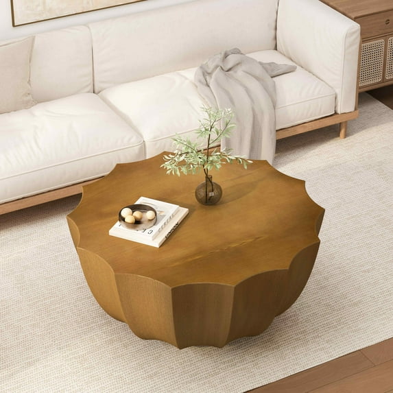 FFH 35.43" Coffee Table for Outdoor and Indoor, Waterproof Round Coffee Table for Living Room, Patio, Durable MgO Cement Design, Wood Grain