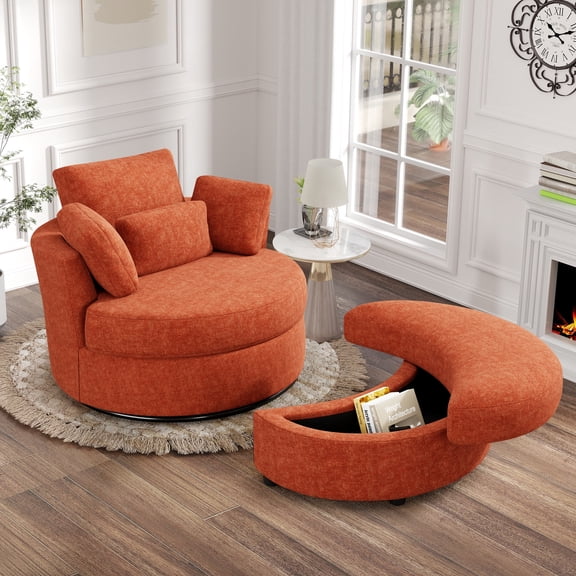 FFH 42" Oversized Swivel Accent Chair with Storage Ottoman, Comfy Chenille Armchair for Living Room, 360-Degree Swivel Barrel Chair, Metal Base, Orange