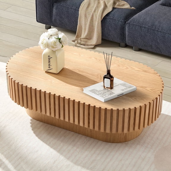 FFH 43.7" Oval Coffee Table for Living Room, Wooden Side Table Centre Table with Sturdy Pedestal for Apartment, Office, Natural Ash
