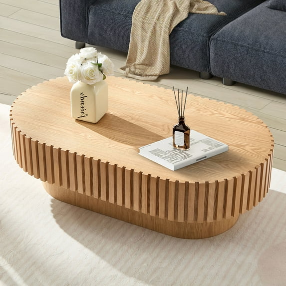 FFH 43.7 inch Oval Oblong Coffee Table for Living Room,Handcraft Rustic Corner Coffee Table Nature Wood with Relief Sturdy Pedestal for Apartmen,Side Table Centre Table,Nature Wood Color