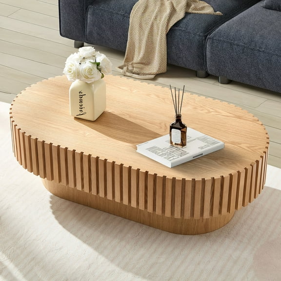 FFH 43.7 inch Oval Oblong Coffee Table for Living Room,Handcraft Rustic Corner Coffee Table Nature Wood with Relief Sturdy Pedestal for Apartmen,Side Table Centre Table,Nature Wood Color