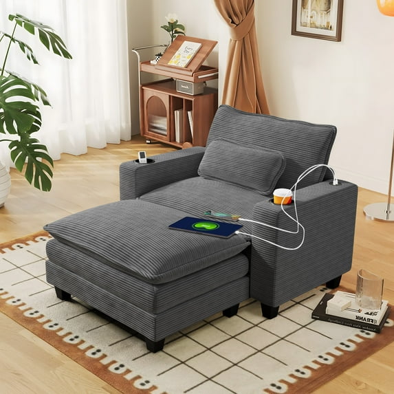 FFH 44.5" Oversized Accent Chair with Ottoman, Chaise Lounge Chair Indoor with USB & Cup Holders, Comfy Corduroy Sofa for Living Room, Gray