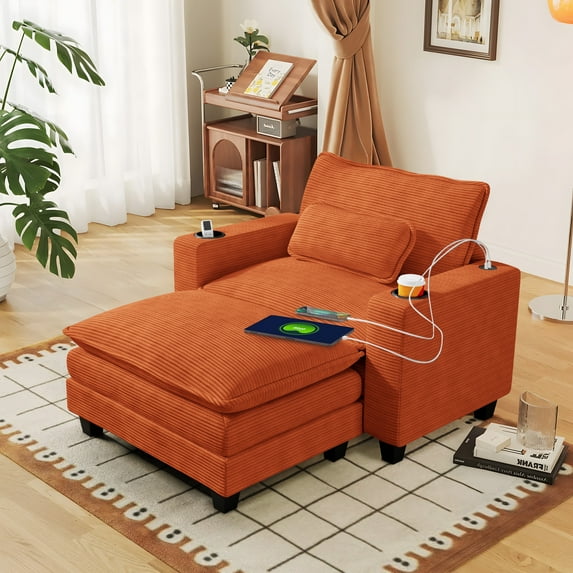 FFH 44.5" Oversized Accent Chair with Ottoman, Chaise Lounge Chair Indoor with USB & Cup Holders, Comfy Corduroy Sofa for Living Room, Orange