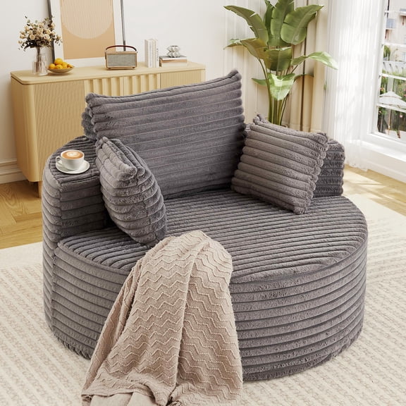 FFH 50" Oversized Round Chaise Lounge Chair, Boneless Cloud Sofa with Cylindrical Backrest Pillow, Plush Corduroy Gray