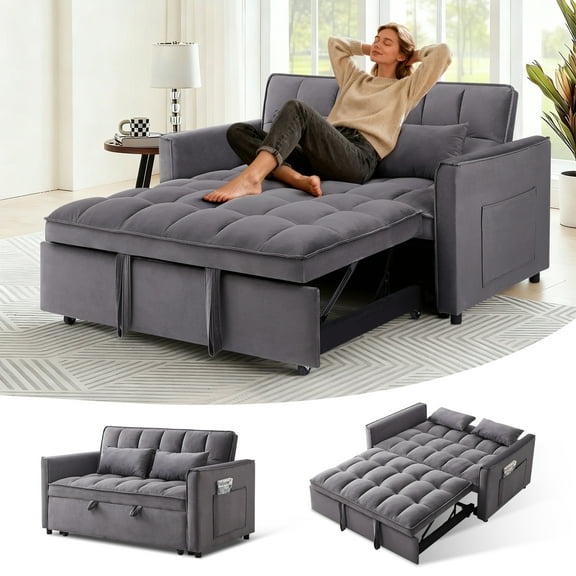 FFH 54" Pull Out Couch, 3-in-1 Convertible Futon Sofa Bed, Velvet Loveseat Sleeper with Storage, Adjustable Backrest, Throw Pillows, Dark Gray