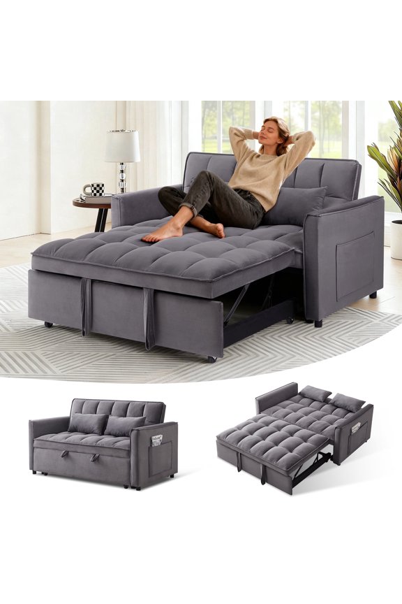 54" Pull Out Couch, 3-in-1 Convertible Futon Sofa Bed, Velvet Loveseat Sleeper with Storage, Adjustable Backrest, Throw Pillows, Dark Gray
