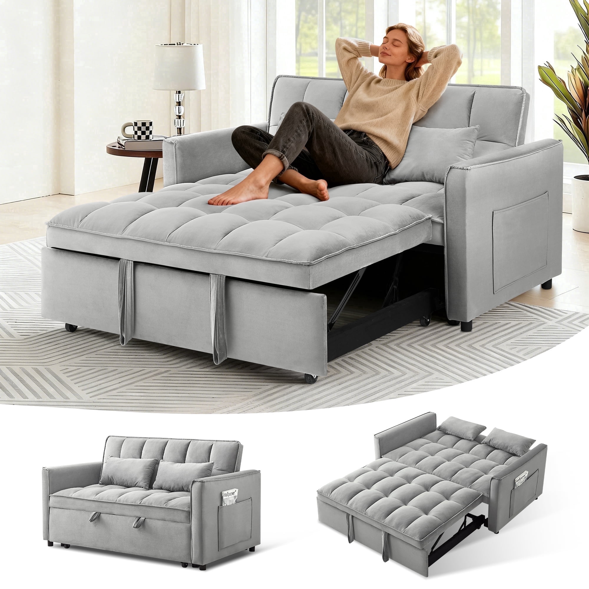 FFH 54" Pull Out Couch, 3-in-1 Convertible Futon Sofa Bed, Velvet Loveseat Sleeper with Storage, Adjustable Backrest, Throw Pillows, Light Gray