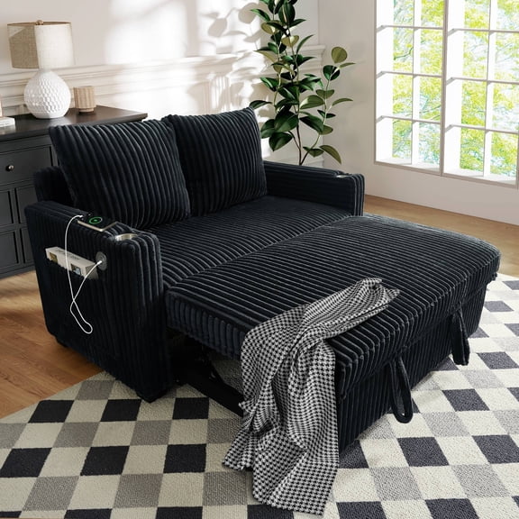 FFH 52.8" Pull Out Sofa Bed, Convertible Futon Sofa Bed, Corduroy Loveseat Sleeper Sofa Bed with Side Pockets, 5-Position Adjustable Backrest, Cup Holders, Black